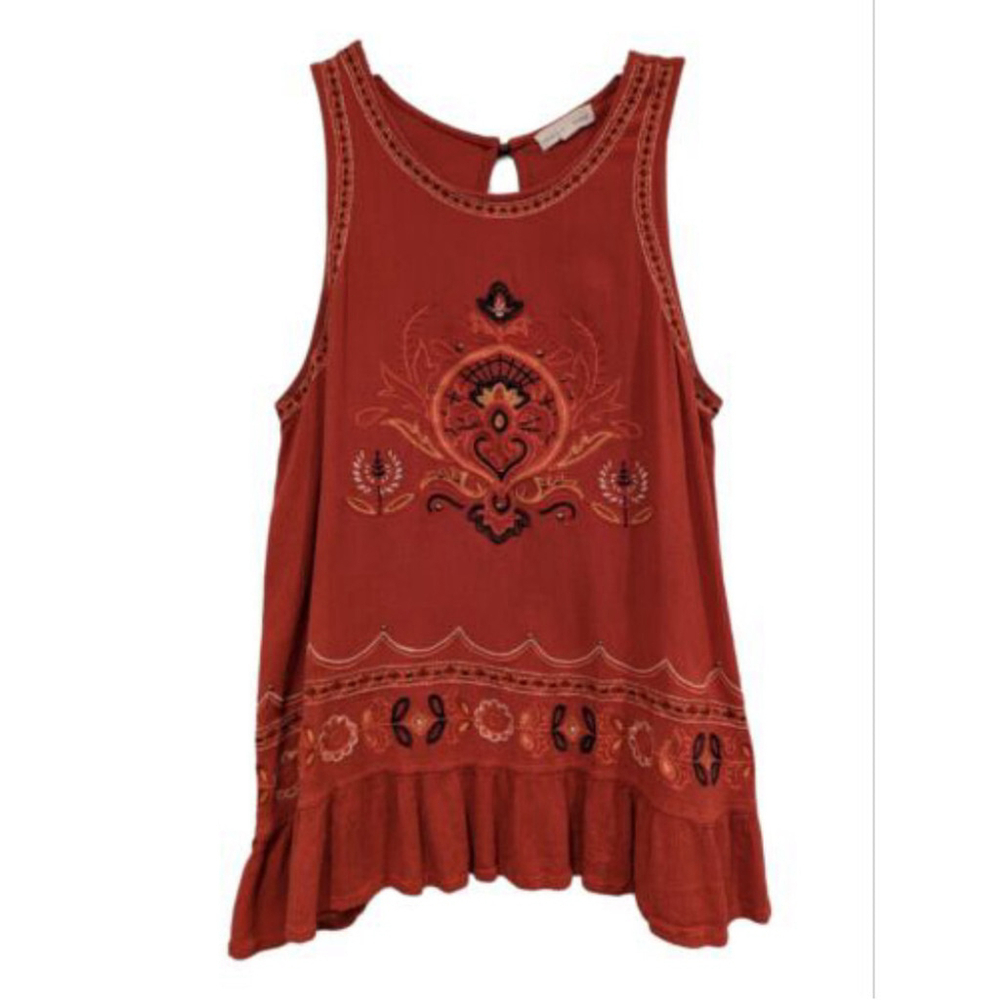 Coco + Jaimeson Top Ladies Med Coral Sleeveless Blouse Floral Embroidery Boho